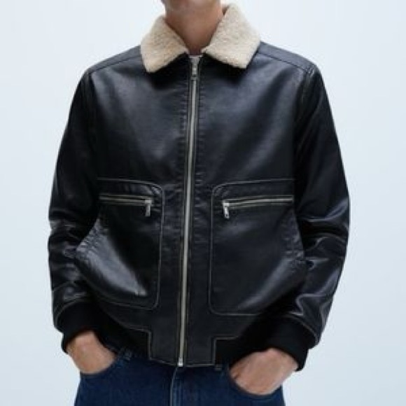 Zara Men Faux leather jacket with faux shearling collar 8281/410/800 - Picture 1 of 3